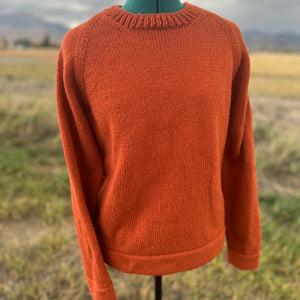 An orange knit crewneck sweater displayed on a dress form mannequin outdoors with a blurred field and cloudy sky in the background.