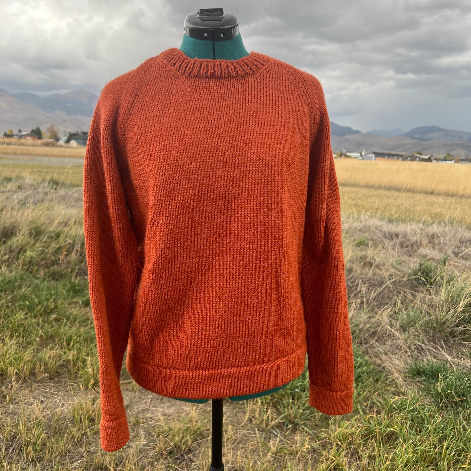 An orange knit crewneck sweater displayed on a dress form mannequin outdoors, with a blurred field and mountains in the background.