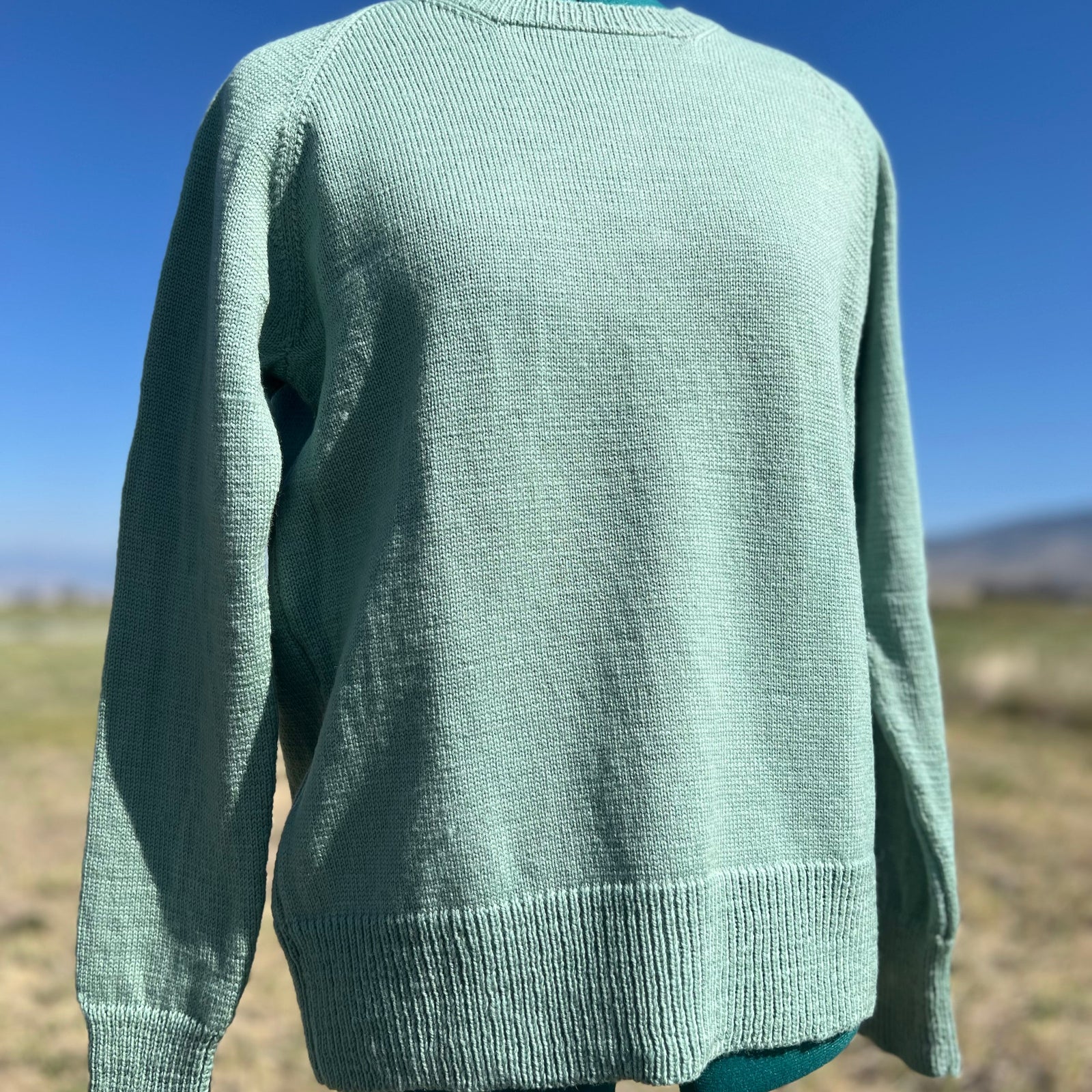 A mint green knit sweater displayed on a black dress form mannequin outdoors, with a blurred grassy field and blue sky in the background.